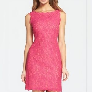 Adrianna Papell Women's Coral Boatneck Lace Sheath Cocktail Dress